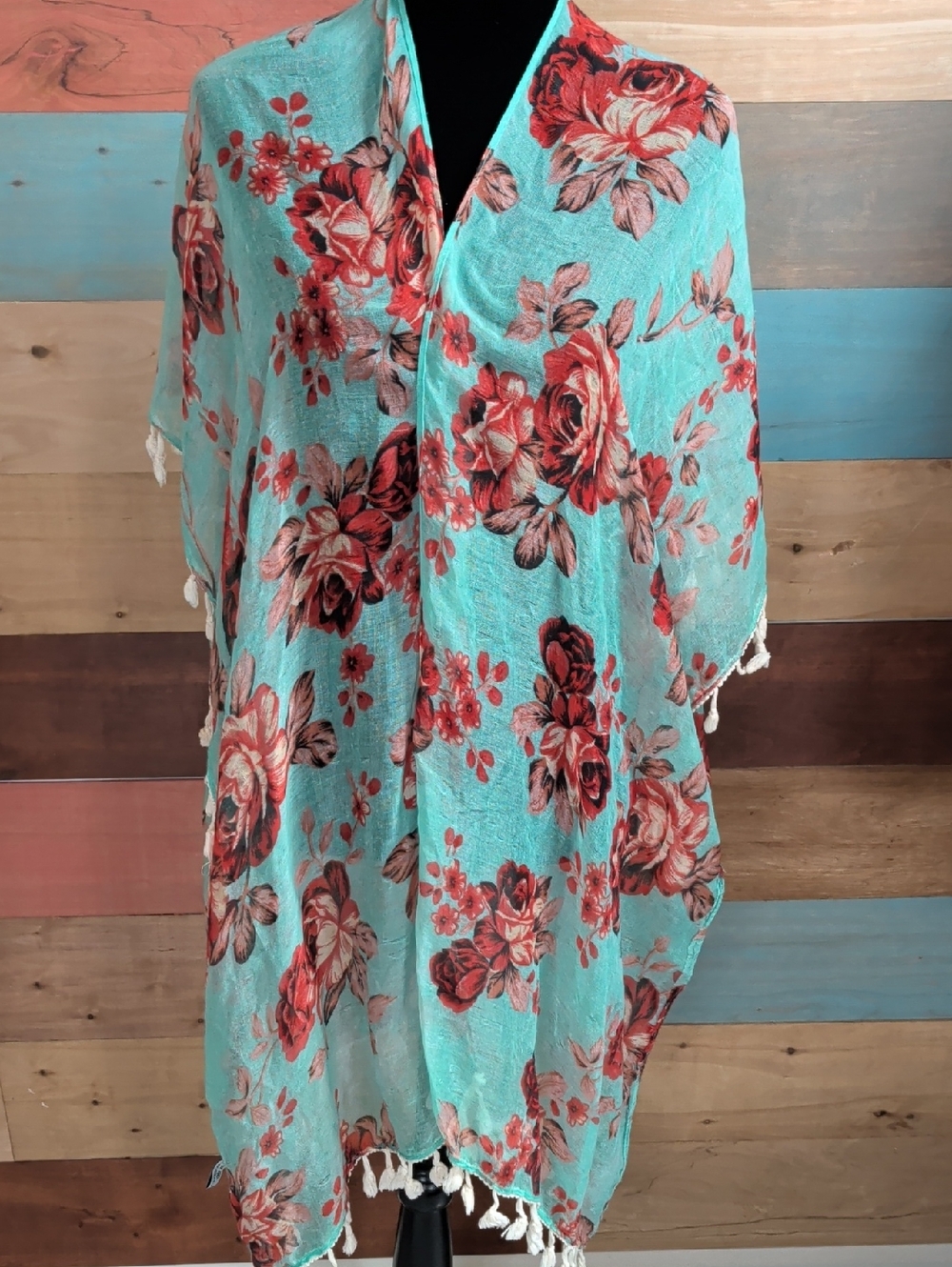 Aqua Floral Tassel Swim Coverup